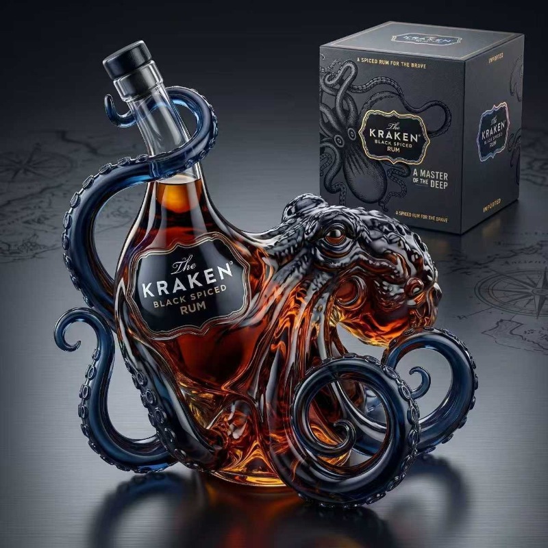 Home Bar Setup - Glass Bottle Sea Monster Octopus Rum