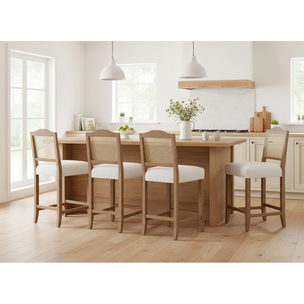 Set of 4 Linen Beige Cane Back – Home Bar Stools recenzja i cena